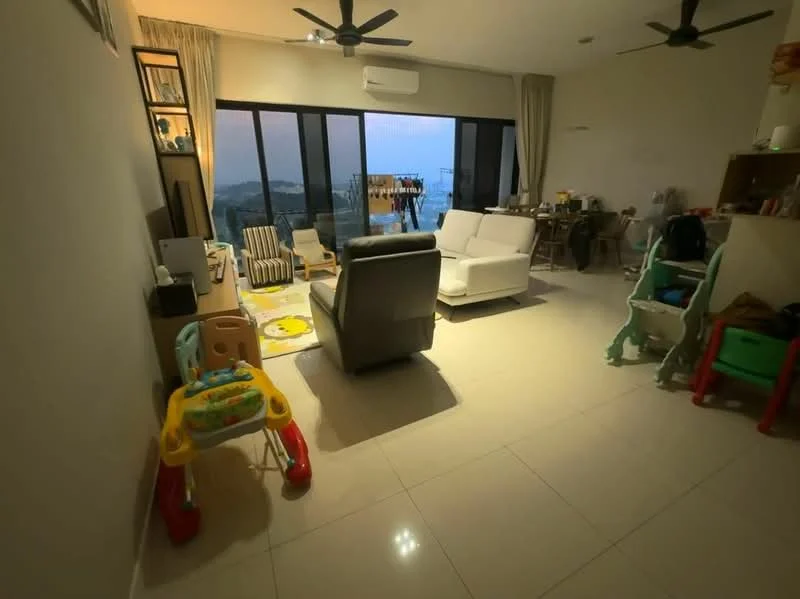 Living features: white painted walls, glossy tile flooring, 2 ceiling fans, floor-to-ceiling windows, sheer curtains, sofa in white, armchair in grey, TV console, wall-mounted TV, area rug, children's play area with toys, dining table, decorative shelving unit; style: modern; view: city.