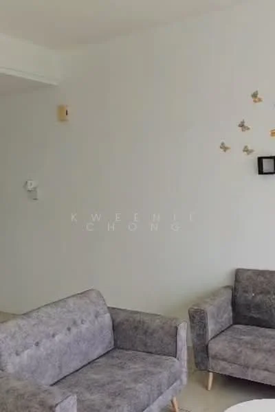 Living features: light grey painted walls, cream tiled flooring, 2 grey fabric sofas, decorative wall art, wall-mounted speaker, small wall-mounted shelf; style: modern.