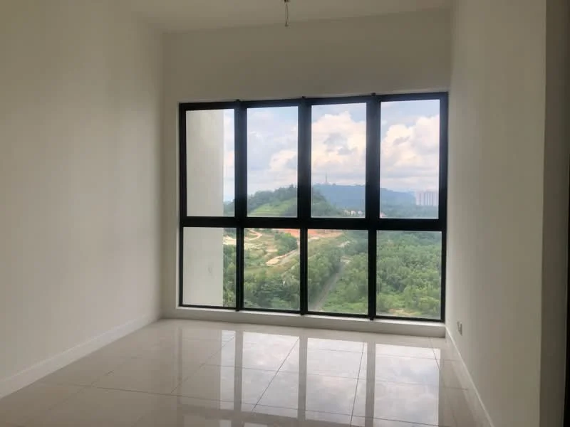 Room features: large floor-to-ceiling windows, white painted walls, glossy tile flooring, mountain view, natural light, minimalist design, no visible furniture, neutral color scheme; style: modern; view: mountain.