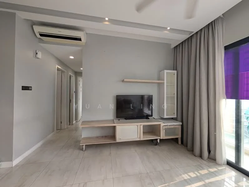 Living features: light grey painted walls, white ceiling with recessed downlights, large window with purple roller blinds, floor-to-ceiling glass door, light-colored tiled flooring, wall-mounted TV, wooden TV console with open shelving, air conditioning unit mounted on wall, curtains, decorative shelving unit; style: modern.