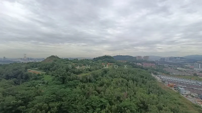 Exterior features: lush greenery, hillside landscape, urban skyline in background, cloudy sky, residential area visible, road winding through greenery.