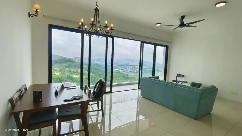 Living features: floor-to-ceiling windows, green fabric sofa, wooden dining table with four chairs, chandelier, ceiling fan, polished tile flooring, mountain view, wall-mounted TV, decorative wall art; style: modern; view: mountain.