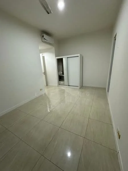 Room features: white painted walls, glossy ceramic tile flooring, 1 wall-mounted split AC, built-in wardrobe with sliding doors, recessed ceiling lights.