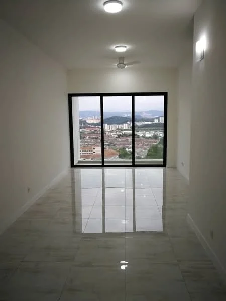 Room features: white painted walls, marble tile flooring, 5-blade ceiling fan, floor-to-ceiling windows, city view, recessed downlights; style: modern; view: city.