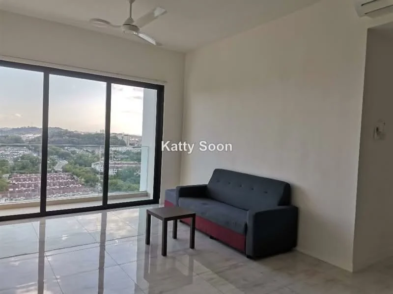 Living features: floor-to-ceiling windows, grey fabric sofa, wooden coffee table, white painted walls, polished tile flooring, ceiling fan, city view; style: modern; view: city.