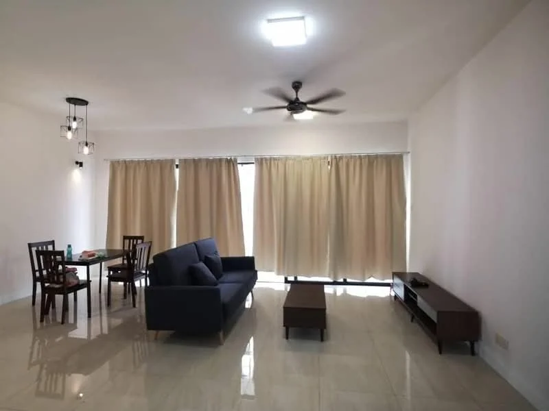 Living features: 3-seater fabric sofa in navy blue, wooden coffee table, TV console, floor-to-ceiling windows with sheer curtains, 5-blade ceiling fan with light, recessed ceiling lights, glossy tile flooring, dining table with four wooden chairs; style: modern.