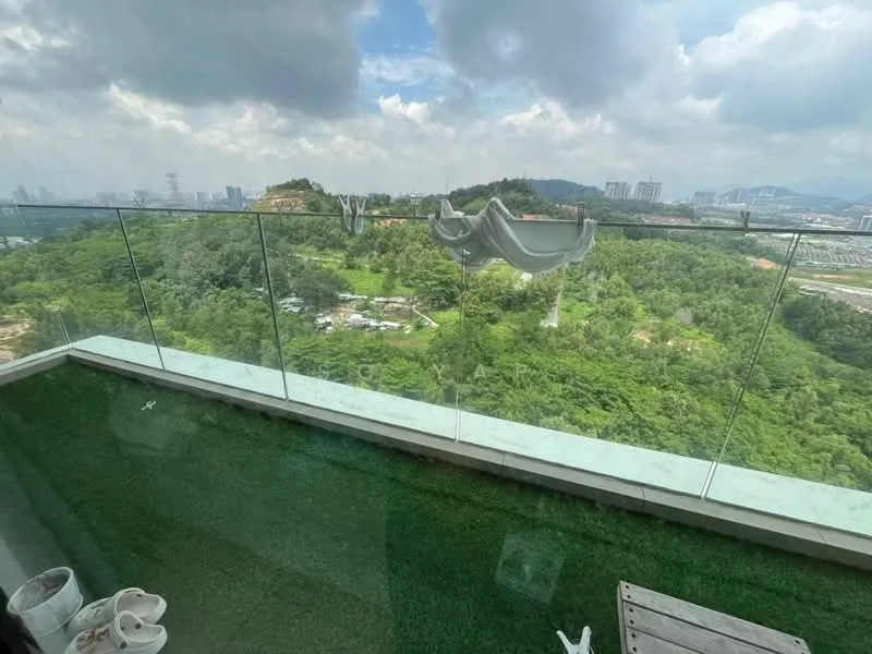 Room features: glass balcony railing, artificial grass flooring, outdoor clothes drying rack, city skyline view, greenery view, wooden deck, cloudy sky; style: modern; view: garden.