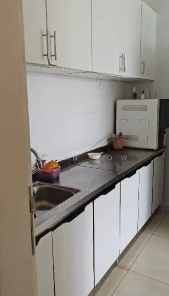Kitchen features: single-bowl stainless-steel sink, chrome pull-down faucet, grey countertop, white cabinetry with flat-panel doors, built-in microwave, ceramic tile flooring, white tiled walls, fruit bowl on countertop, kitchen utensils in a container; style: modern.