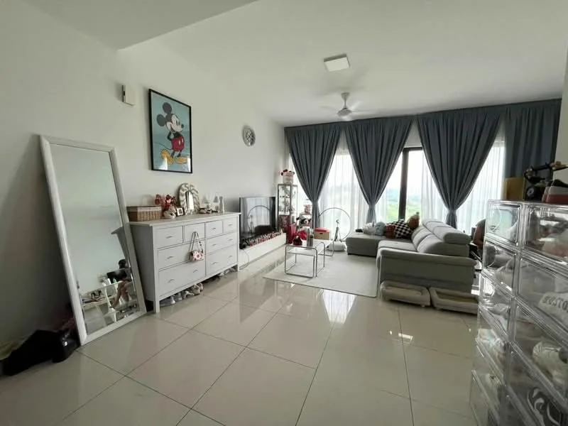 Living features: white painted walls, glossy ceramic tile flooring, 5-blade ceiling fan with light, floor-to-ceiling windows with sheer curtains, light grey sectional sofa, white area rug, glass display cabinet, white dresser, decorative wall clock, framed artwork, decorative items on dresser; style: modern; view: city.