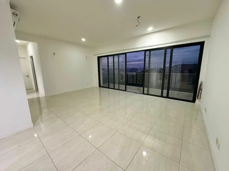 Living features: large floor-to-ceiling windows, white painted walls, glossy ceramic tile flooring, recessed LED downlights, sliding glass door, open layout, city view, no visible furniture; style: modern; view: city.
