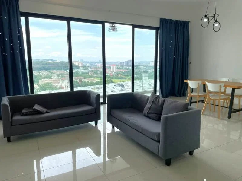 Living features: 2 grey fabric sofas, decorative cushions, floor-to-ceiling windows, city skyline view, white walls, polished tile flooring, hanging pendant light, curtains in dark blue, area rug, coffee table, wall-mounted decor; style: modern; view: city. Dining features: 4 white dining chairs, wooden dining table, minimalist design; style: modern; view: city.