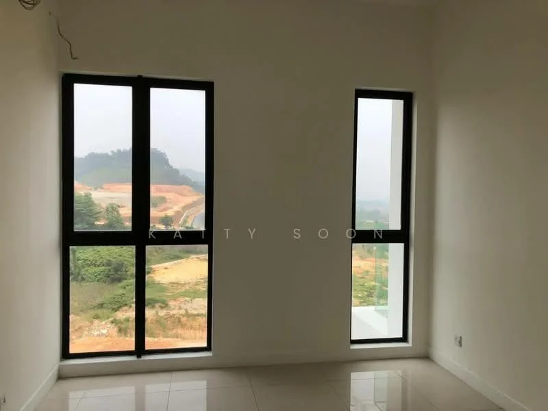 Room features: two large floor-to-ceiling windows, black window frames, white painted walls, glossy tile flooring, view of hilly landscape, natural light from windows; style: modern; view: mountain.