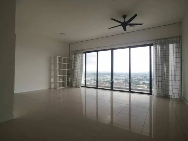 Living features: large floor-to-ceiling windows, white walls, polished tile flooring, 5-blade ceiling fan, sheer curtains, open layout, city view, built-in shelving unit; style: modern; view: city.