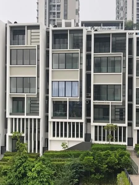 Exterior type: linked terrace house; features: white painted facade, glass windows, horizontal and vertical fins, manicured landscaping, multiple storeys, balconies with glass railings, modern architectural design; style: modern.