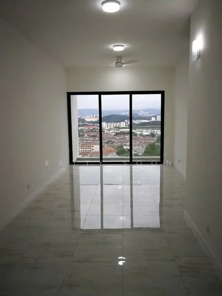 Living features: white painted walls, glossy marble tile flooring, 5-blade ceiling fan with light, floor-to-ceiling windows, city view; style: modern; view: city.