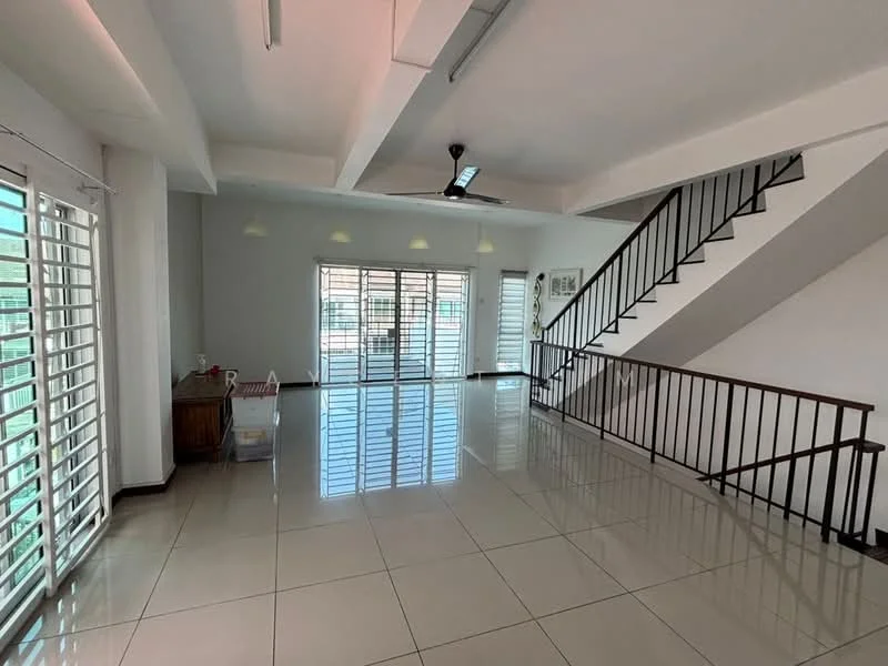 Living features: white painted walls, polished ceramic tile flooring, 5-blade ceiling fan with light, large windows with horizontal slats, sliding glass doors, recessed ceiling lights, open layout, staircase with wooden railing; style: modern.