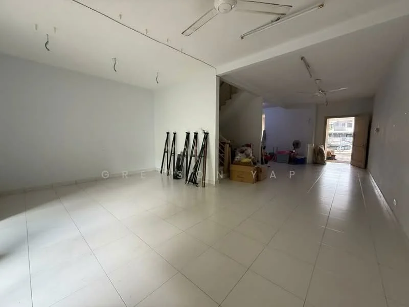 Room features: white painted walls, tile flooring, 5-blade ceiling fan, 2 ceiling fans, open layout, natural light from windows, staircase visible, storage boxes, unfurnished space; style: modern.