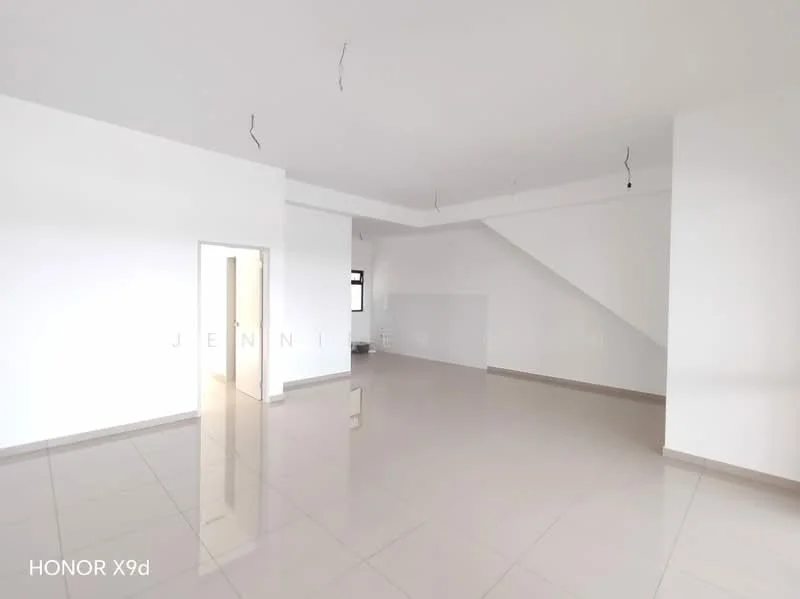 Room features: white painted walls, polished ceramic tile flooring, sliding glass door, large windows, high ceiling, exposed ceiling beams, neutral color palette, open layout; style: modern.