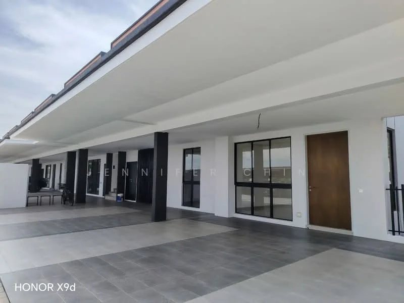 Exterior features: flat roof, white painted facade, large windows, grey tiled flooring, black columns, outdoor terrace area, door with wood finish, open space layout; style: modern.