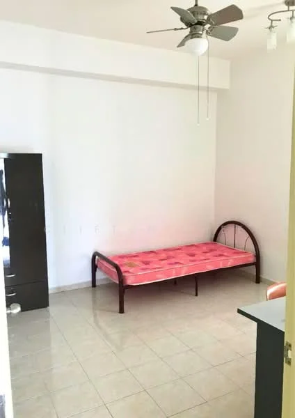 Bedroom features: white painted walls, tile flooring, 5-blade ceiling fan, single bed frame, mattress on bed frame, dark wood wardrobe, window with natural light, light fixture with multiple bulbs.