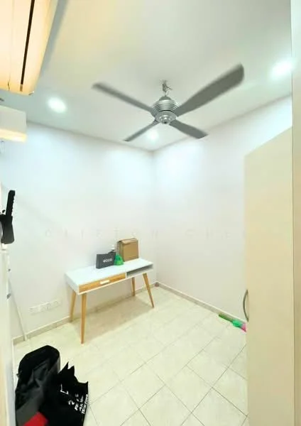 Room features: white painted walls, tile flooring, 5-blade ceiling fan with light, recessed LED downlights, wooden console table, storage cabinet, black tote bag, green and pink items on the floor.