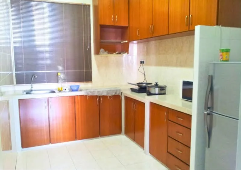 Kitchen features: single-bowl stainless-steel sink, chrome pull-down faucet, marble countertop, brown wooden cabinetry, built-in microwave, stainless-steel fridge, ceramic tile flooring, window with blinds, stove with cooking pot, wall-mounted shelves; style: modern.