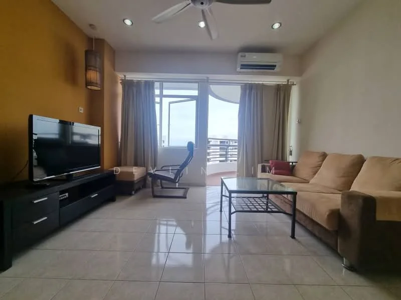 Living features: 3-seater fabric sofa in beige, coffee table with glass top, TV console in dark wood, wall-mounted TV, floor-to-ceiling windows, sliding glass door, curtains, ceiling fan, recessed downlights, cream tiled flooring, accent wall in mustard yellow, air conditioning unit; style: modern; view: city.