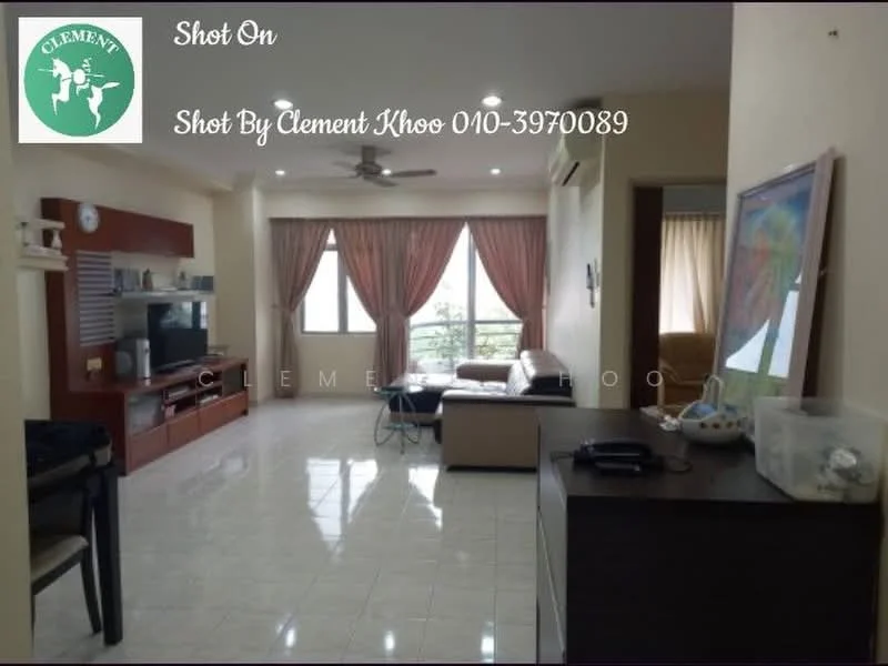 Living features: cream painted walls, white tiled flooring, 5-blade ceiling fan, sofa in beige, coffee table, TV console, wall-mounted TV, large windows with sheer curtains, decorative wall unit, dining table with chairs, open layout, natural light from windows; style: modern; view: city.