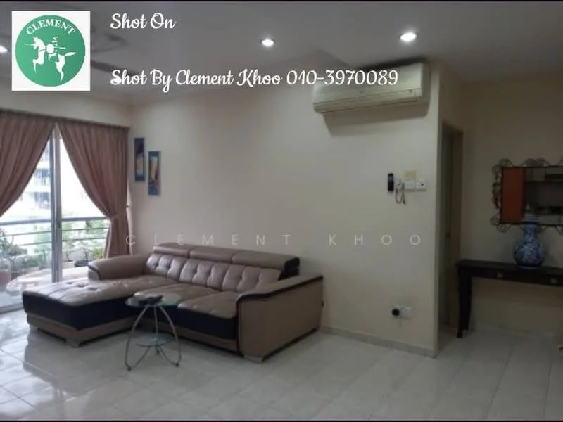 Living features: L-shape sectional sofa in beige and brown, coffee table, wall-mounted TV, floor-to-ceiling windows, curtains, recessed downlights, air conditioning unit, cream painted walls, tile flooring, decorative mirror, console table, decorative wall art; style: modern; view: city.