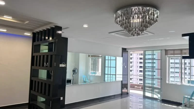 Living features: chandelier with crystal accents, white painted walls, black feature wall, large mirror, floor-to-ceiling windows, sliding glass door, black and white tiled flooring, air conditioning unit, ceiling with recessed lighting, blue accent lighting, fan, open layout; style: modern; view: city.