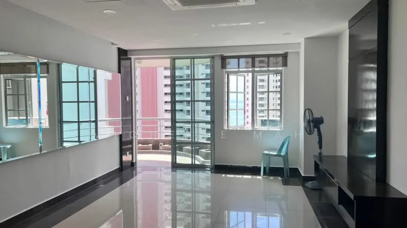 Living features: white painted walls, black and white tiled flooring, floor-to-ceiling windows, sliding glass door, balcony access, mirror on wall, ceiling-mounted air conditioning unit, wall-mounted TV console, single blue chair; style: modern; view: city.