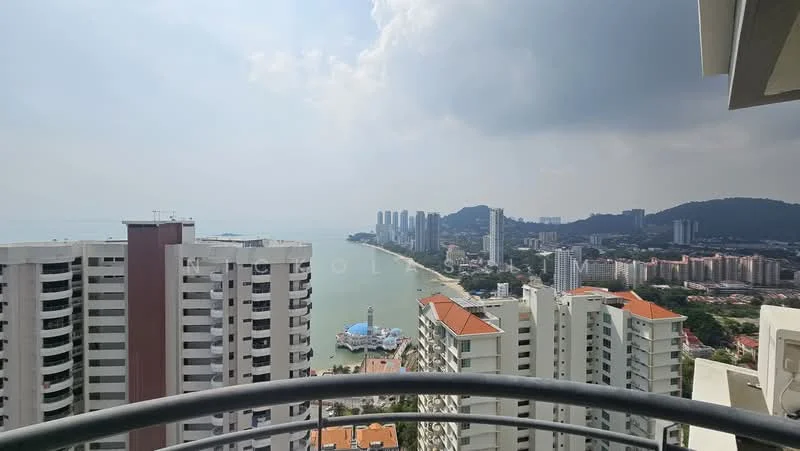 Exterior type: high-rise condominium; features: city skyline view, waterfront view, surrounding high-rise buildings, balcony railing, modern architectural design, terracotta roof tiles, glass facade, manicured landscaping below; style: modern.