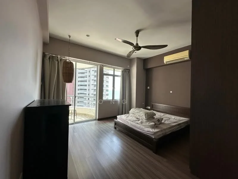 Bedroom features: king-size bed, upholstered headboard, bedside lamps, floor-to-ceiling windows, sliding glass door, curtains, wooden flooring, ceiling fan, wall-mounted air conditioning unit, built-in wardrobe; style: modern; view: city.