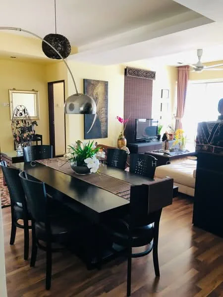 Dining features: dark wooden dining table, 6 black dining chairs, pendant lamp with metallic shade, decorative centerpiece with flowers, wooden flooring, wall-mounted TV, sofa in light color, large window with natural light, artwork on wall, mirror on wall, ceiling fan; style: modern; view: city.