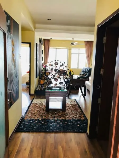 Room features: wooden flooring, yellow painted walls, ceiling fan, large windows with curtains, decorative wall art, area rug with geometric pattern, coffee table, sofa, decorative plants; style: modern.