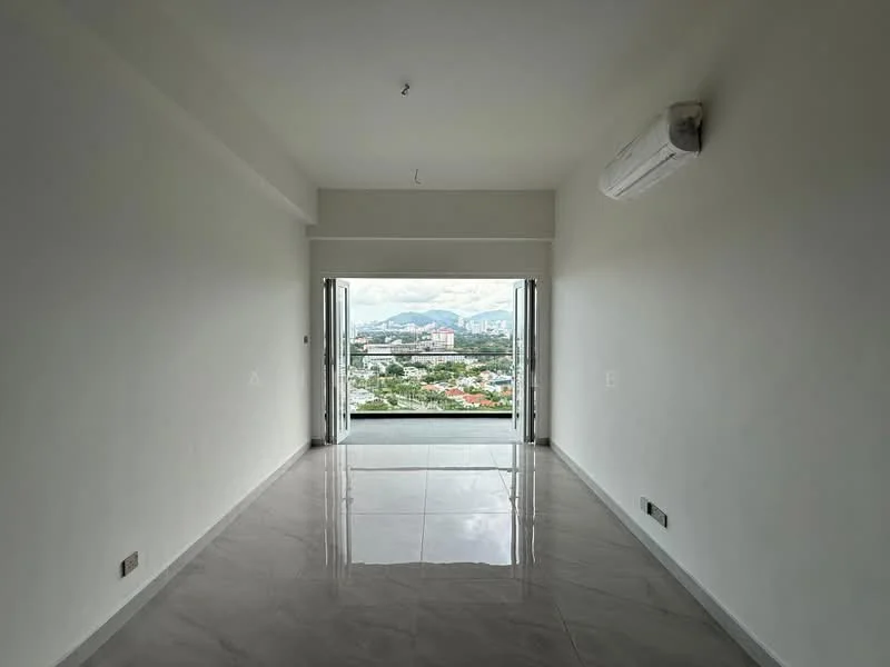 Room features: white painted walls, grey marble tile flooring, floor-to-ceiling sliding glass door, mountain view, city skyline view, 1 wall-mounted split AC, recessed downlights, no visible furniture or decor; style: modern; view: city.