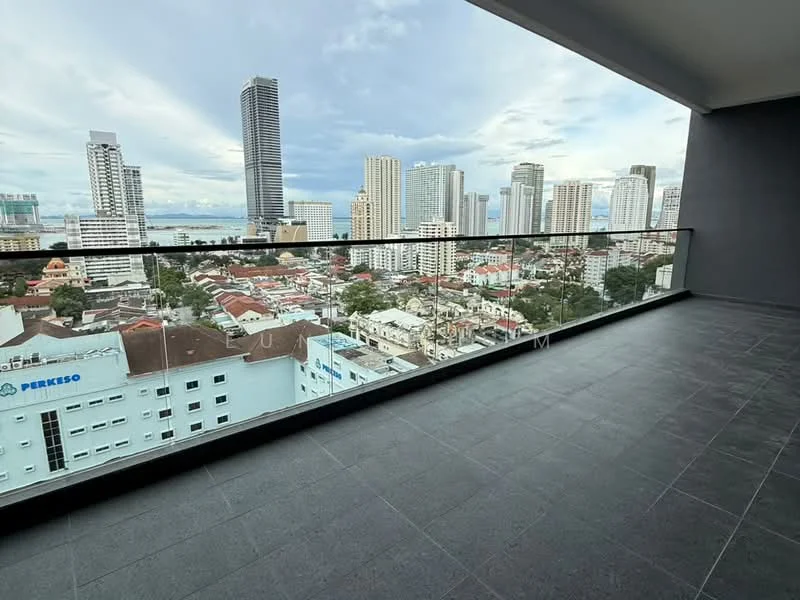 Room features: large balcony, grey tiled flooring, glass railing, city skyline view, urban landscape, high-rise buildings in background, partially cloudy sky; style: modern; view: city.