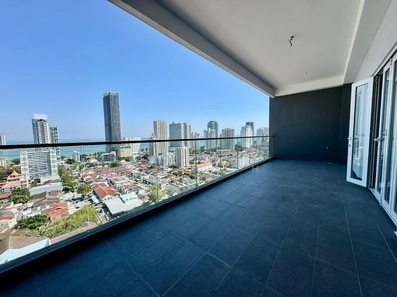 Room features: floor-to-ceiling glass doors, balcony with glass railing, grey tiled flooring, open view of city skyline, view of sea, spacious layout, no visible furniture, exterior wall painted in dark color; style: modern; view: city.