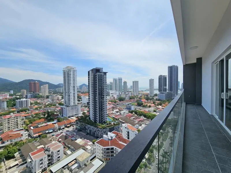 Exterior type: high-rise condominium; features: glass railing on balcony, tile flooring on balcony, city skyline view, surrounded by urban landscape, multiple high-rise buildings in view, mountain view in background; style: modern.
