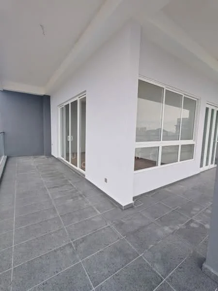 Room features: grey tiled flooring, white painted walls, floor-to-ceiling windows, sliding glass door, balcony with railing, city view; style: modern; view: city.