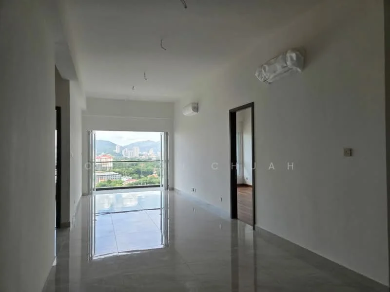 Living features: white painted walls, polished ceramic tile flooring, floor-to-ceiling windows, sliding glass door, mountain view, 2 wall-mounted split ACs, recessed downlights, neutral color scheme; style: modern; view: city.