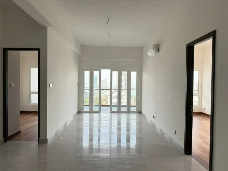 Living features: white painted walls, marble tile flooring, floor-to-ceiling windows, sliding glass door, recessed downlights, 1 wall-mounted split AC, open layout, city view; style: modern; view: city. Room features: white painted walls, wood flooring, door leading to another room.