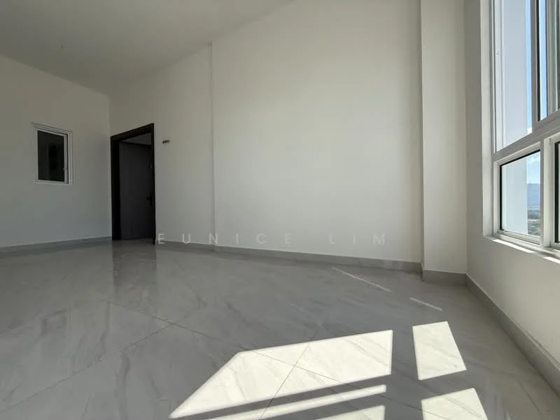 Room features: white painted walls, marble tile flooring, floor-to-ceiling windows, natural light from windows, corner room with multiple windows; style: modern; view: city.