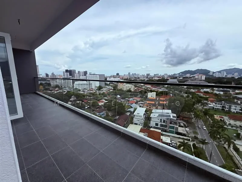 Room features: glass railing, grey tiled flooring, city skyline view, mountain view, outdoor space; style: modern; view: city.