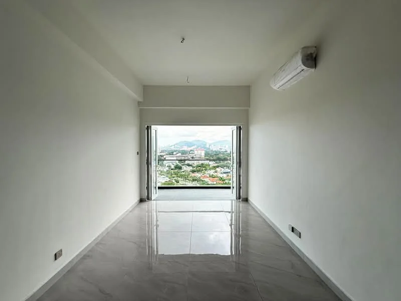 Living features: white painted walls, marble tile flooring, floor-to-ceiling sliding glass door, 1 wall-mounted split AC, city view; style: modern; view: city.