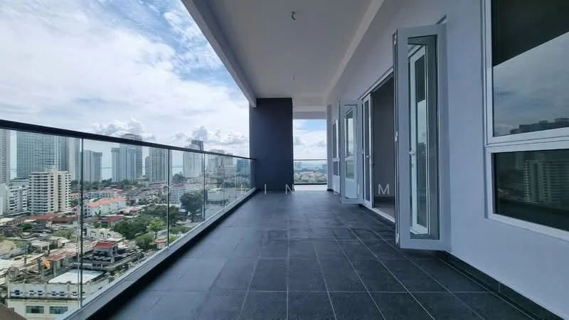 Room features: glass railing, grey tiled flooring, open balcony, city skyline view, multiple sliding glass doors, exterior wall with dark paint, overhead ceiling, spacious layout; style: modern; view: city.
