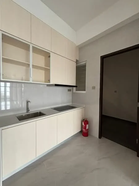 Kitchen features: light wood cabinetry, white countertop, double-bowl stainless-steel sink, chrome pull-down faucet, wall-mounted window, fire extinguisher, grey tile flooring, neutral wall color; style: modern.