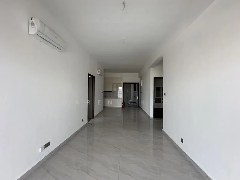 Living features: white painted walls, glossy marble tile flooring, 1 wall-mounted split AC, recessed downlights, open layout, doorway to kitchen, doorway to hallway, large windows, neutral color scheme; style: modern.