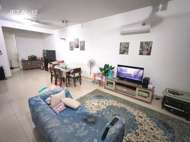 Living features: 3-seater fabric sofa in blue with floral pattern, coffee table, TV console, wall-mounted TV, area rug with geometric pattern, ceiling fan, recessed downlights, decorative wall art, tile flooring, air conditioning unit, dining table with chairs, standing fan; style: modern.