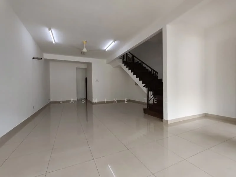 Living features: white painted walls, polished ceramic tile flooring, ceiling fan, recessed downlights, staircase with wooden steps, open layout, large windows for natural light, neutral color scheme; style: modern. Room features: white painted walls, polished ceramic tile flooring, doorway leading to another room.